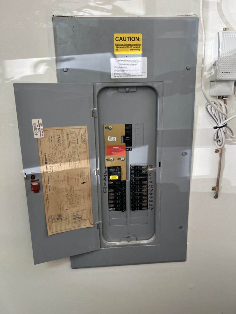Electrical circuit breaker panel with open door.