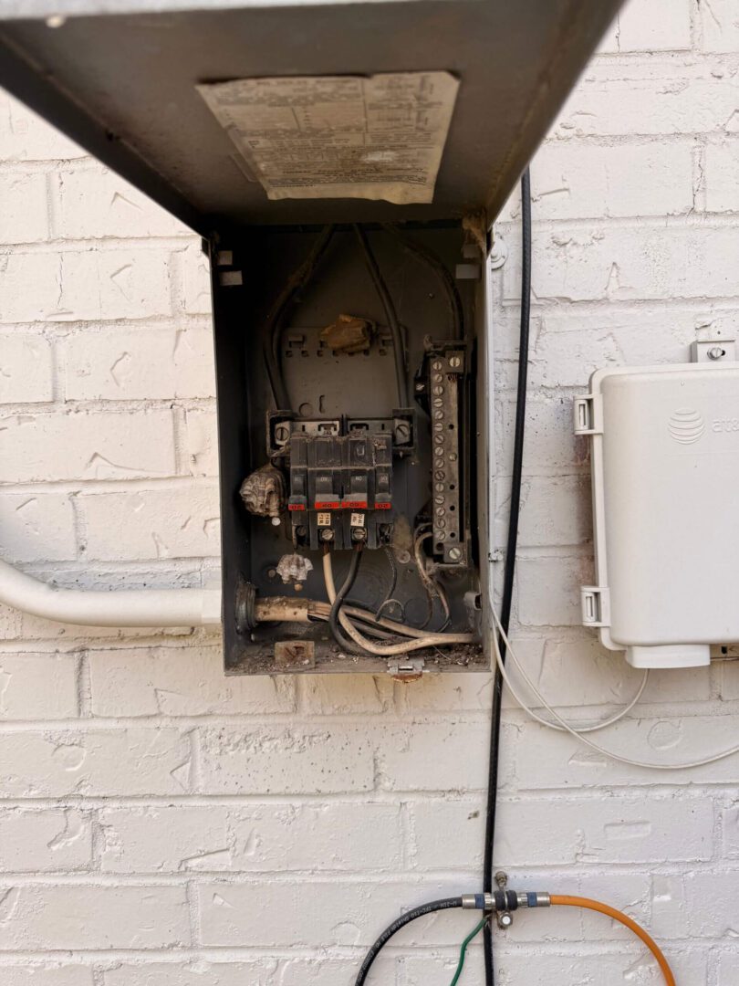 Open electrical panel on brick wall.