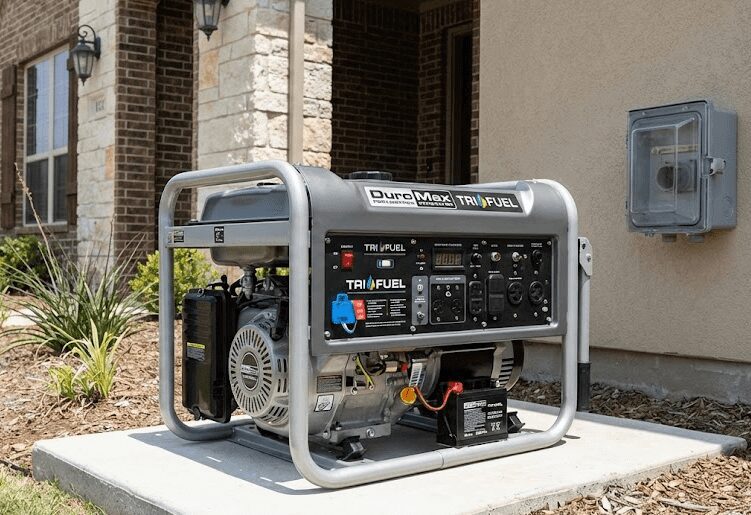 Portable tri-fuel generator connected to inlet outlet for home backup power in Fort Worth Texas