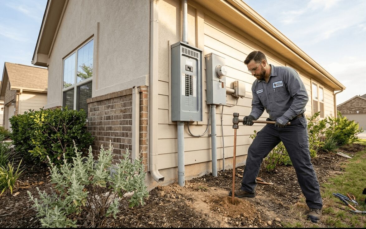 Cold water pipe and UFR ground rod connection at residential electrical panel in Fort Worth TX