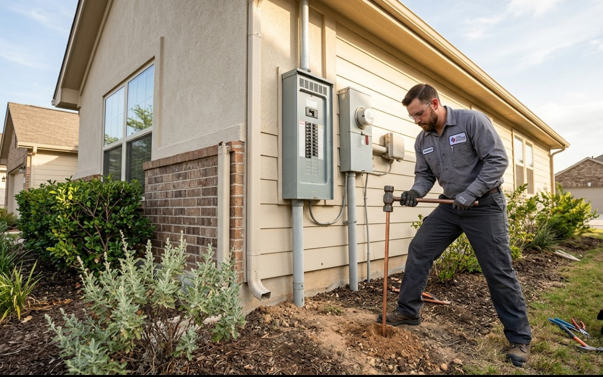 Cold water pipe and UFR ground rod connection at residential electrical panel in Fort Worth TX