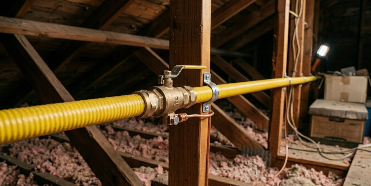 Licensed electrician installing bonding conductor on CSST gas piping near residential gas meter in Fort Worth Texas