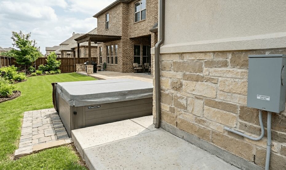 Licensed electrician installing hot tub electrical disconnect and GFCI breaker for 240V spa installation in Fort Worth, Texas