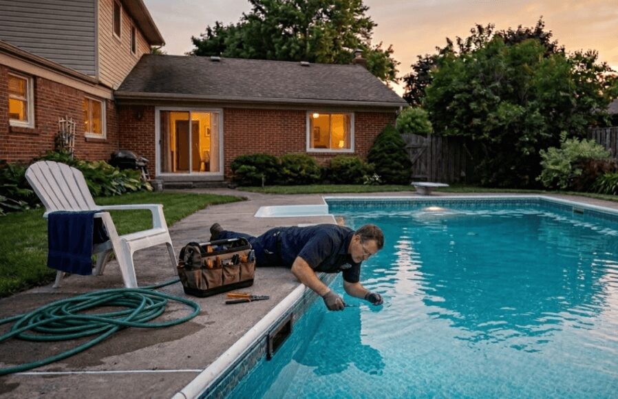Licensed electrician inspecting pool light electrical circuit at equipment pad in Fort Worth Texas