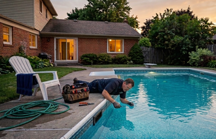 Licensed electrician inspecting pool light electrical circuit at equipment pad in Fort Worth Texas
