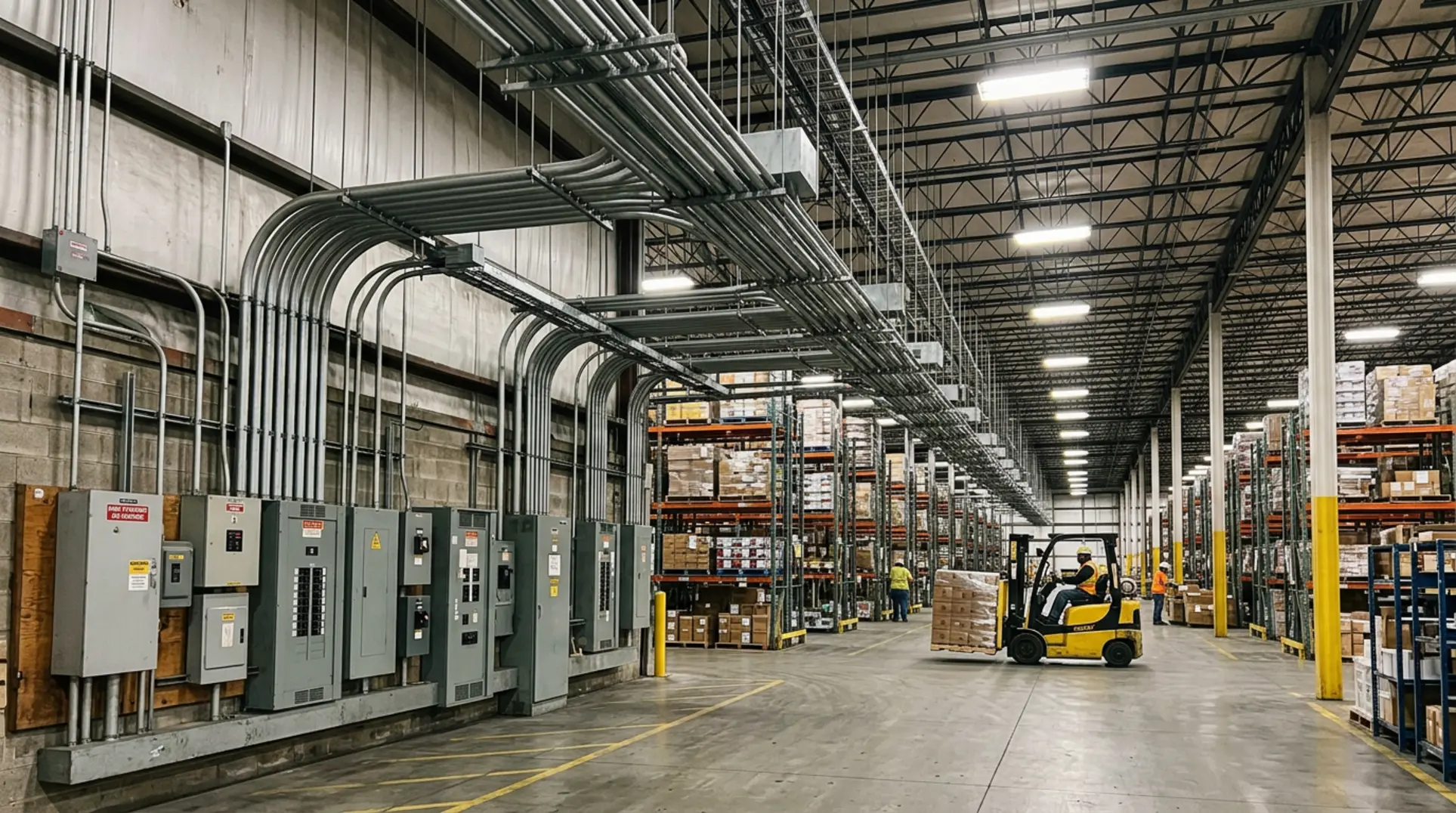 Warehouse electrical infrastructure with conduit, panels, and industrial lighting