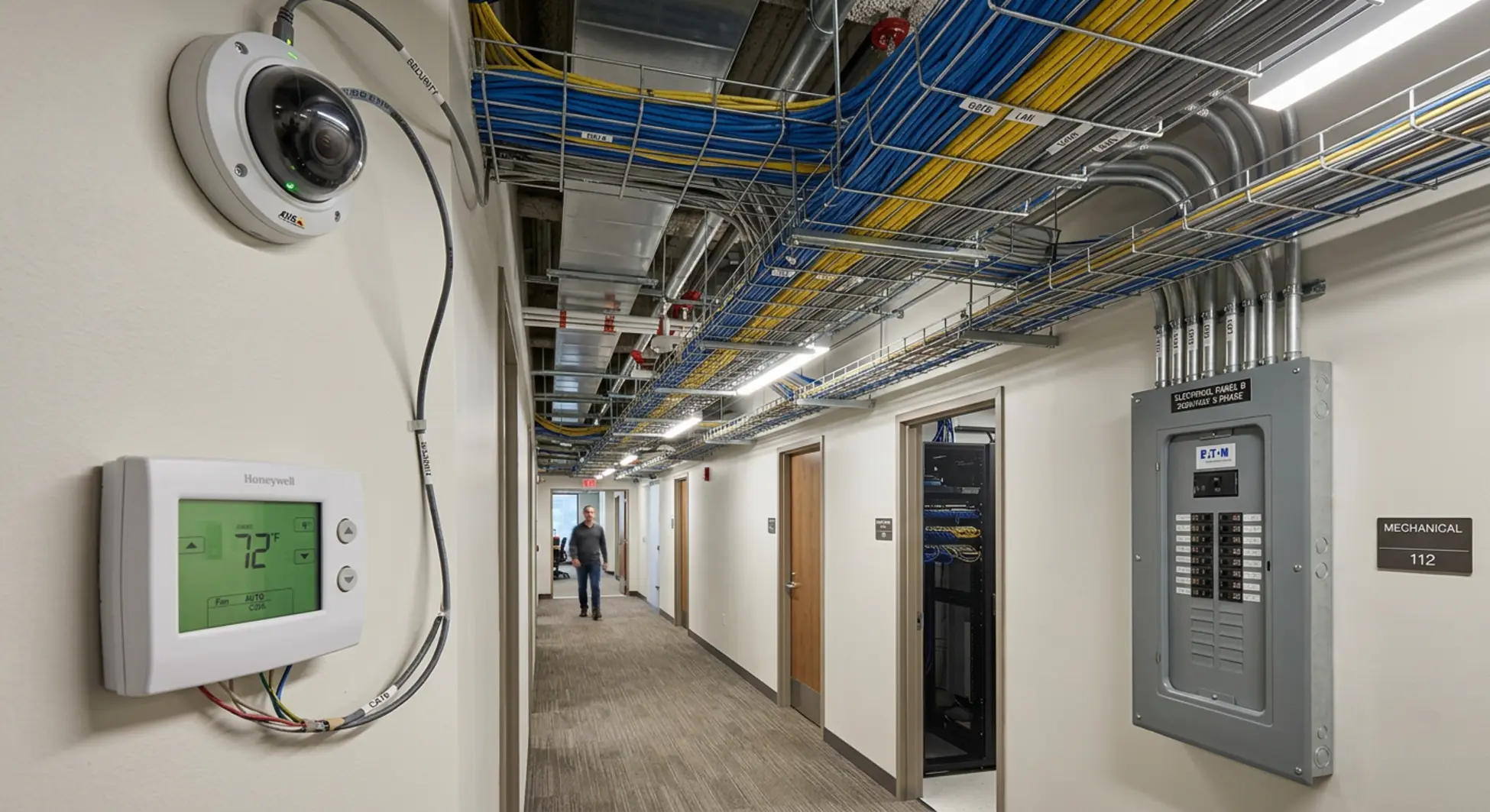 Commercial facility with both low voltage security and data systems plus high voltage HVAC and lighting