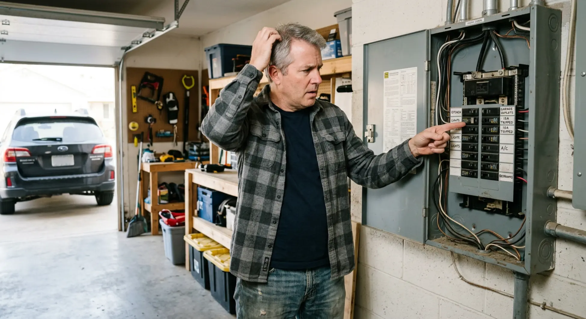 Homeowner examining tripped circuit breaker in electrical panel that won't reset