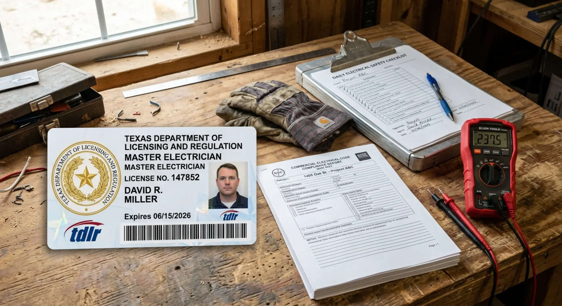 TDLR certified electrician credentials and commercial electrical code compliance documents on workbench