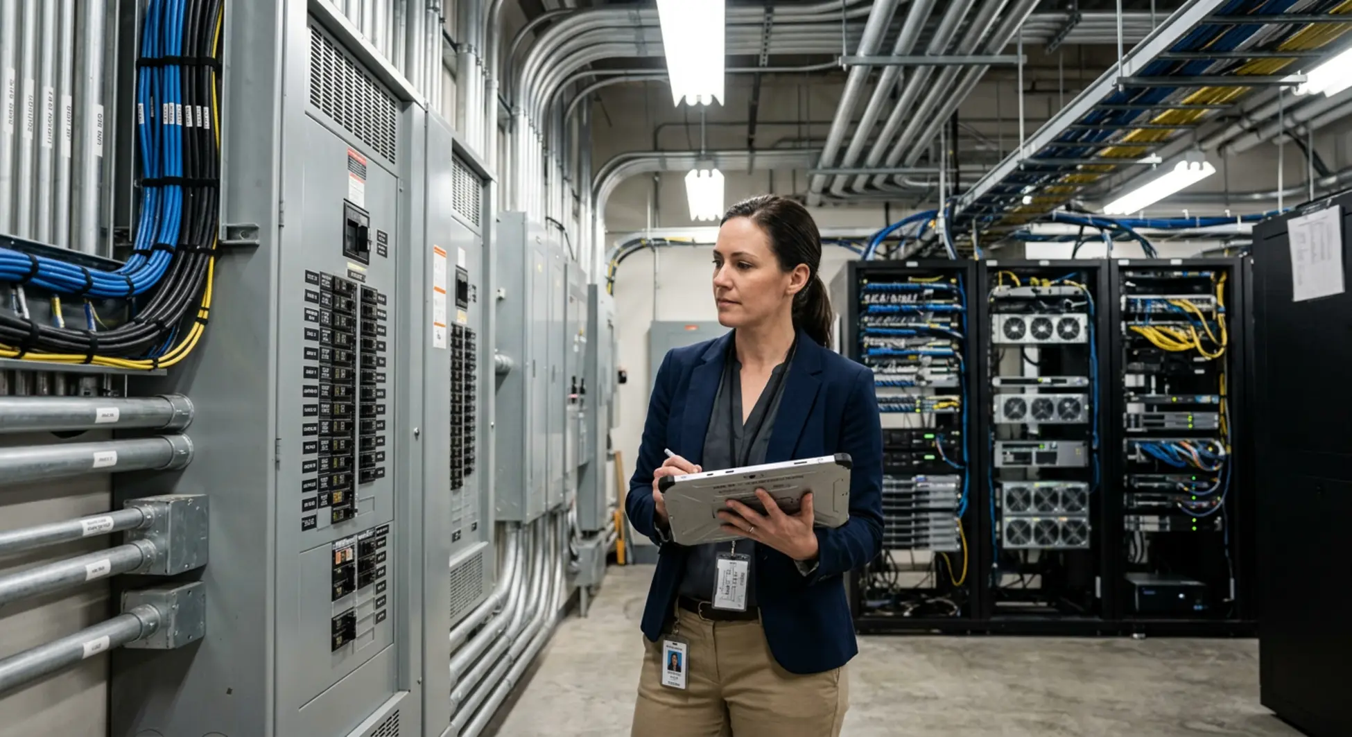 Commercial facility manager reviewing electrical panel and low voltage vs high voltage systems