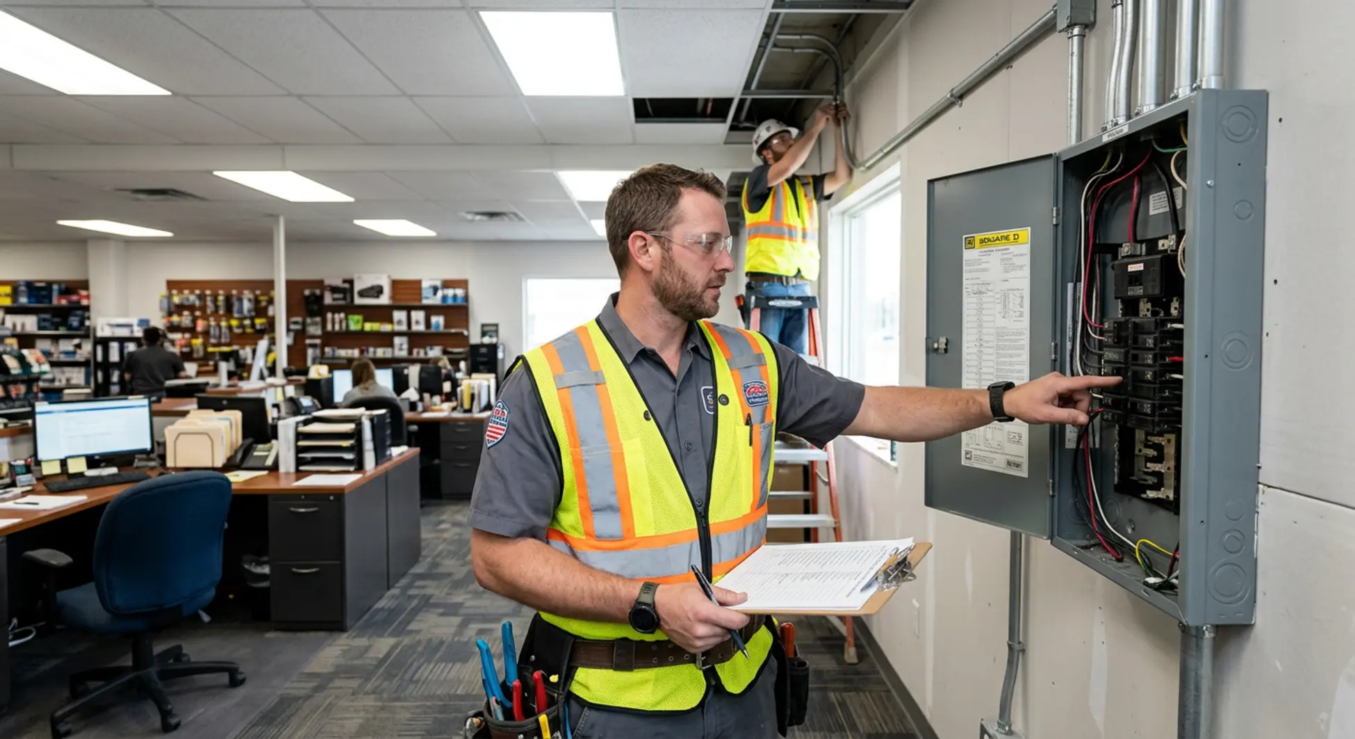 Commercial electrician in safety vest inspecting electrical panel in small business office