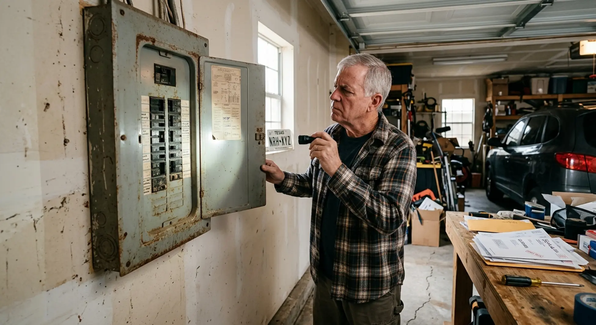 Homeowner inspecting aging electrical panel in North Richland Hills garage