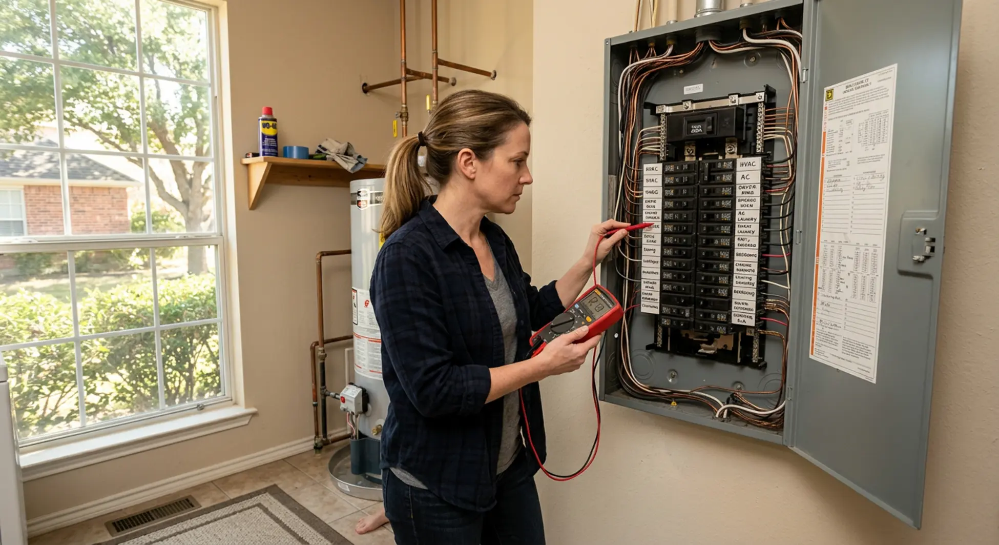 Homeowner testing circuit breaker with multimeter at home electrical panel