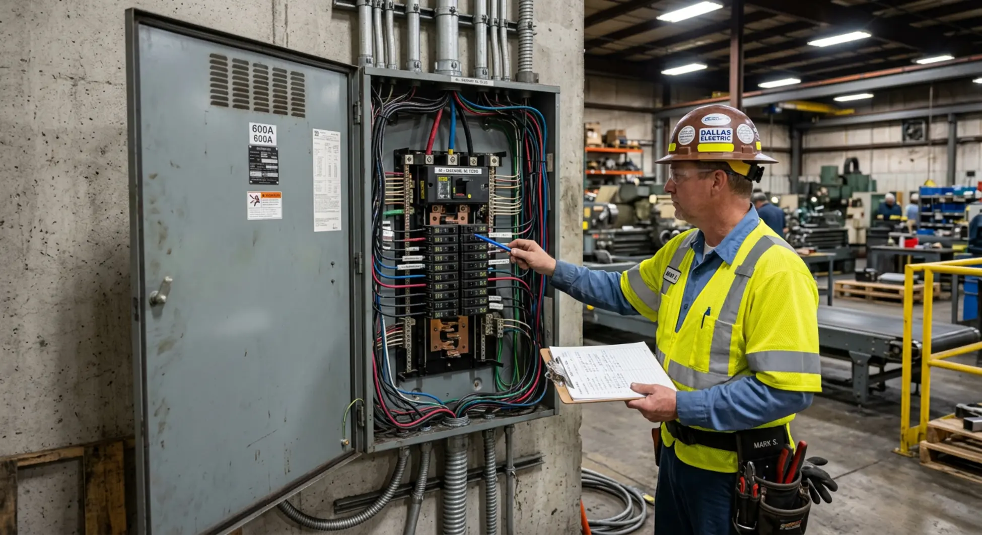 Electrician inspecting industrial electrical panel in DFW manufacturing plant for code compliance