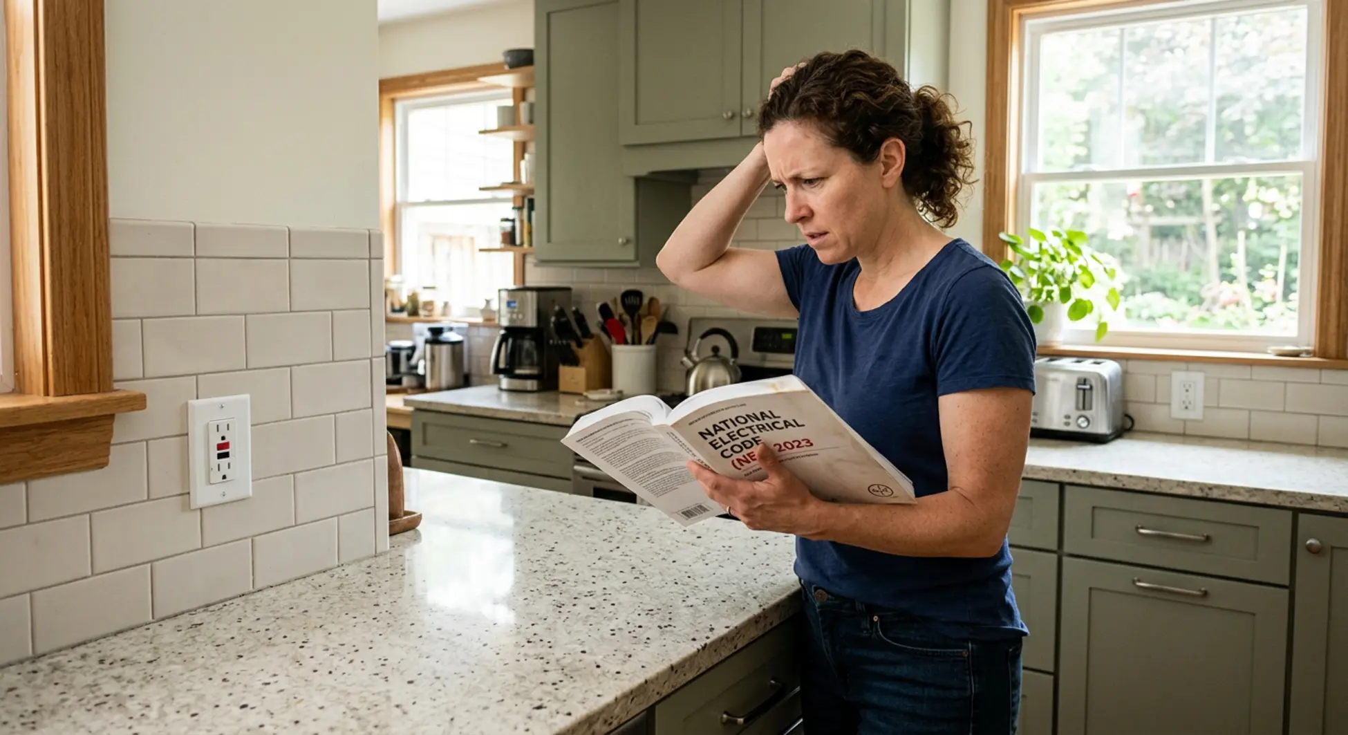 Homeowner examining kitchen outlet while reviewing AFCI vs GFCI protection requirements
