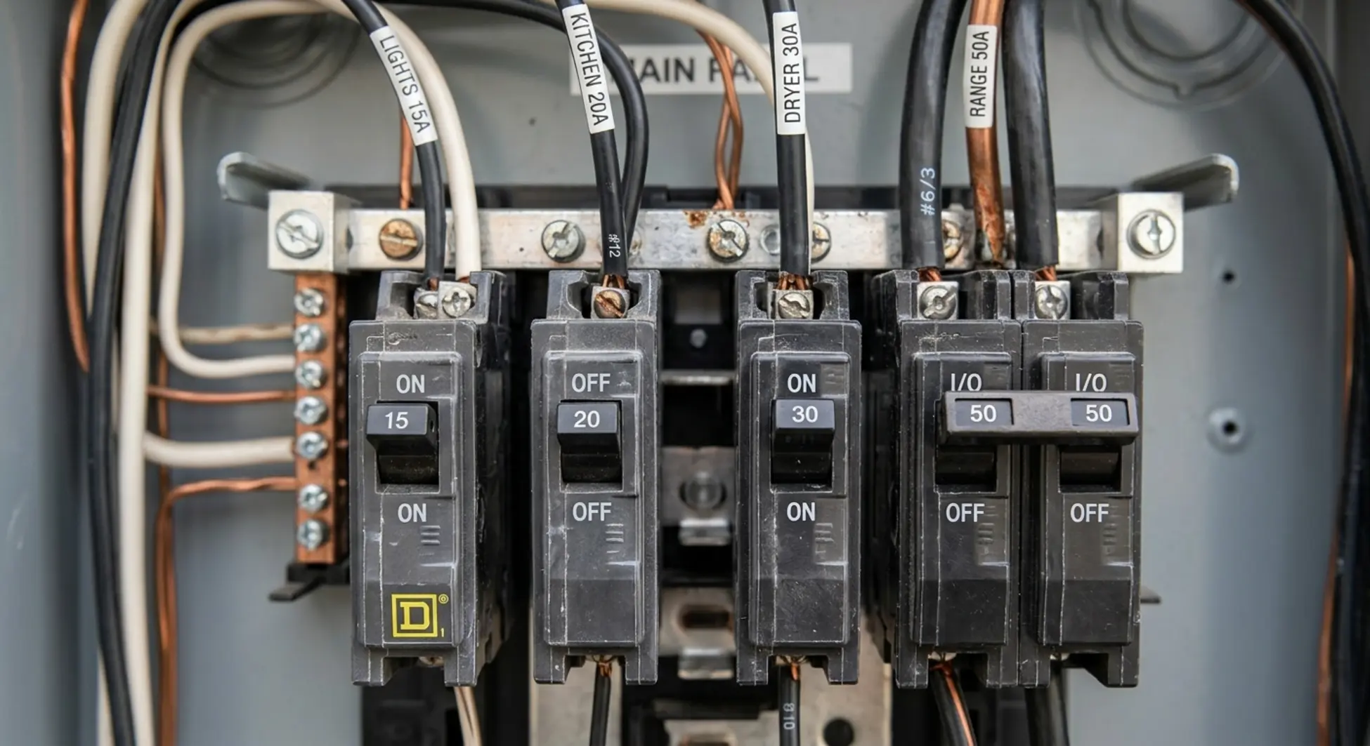 Close-up of circuit breaker switches showing different amp ratings labeled on toggles