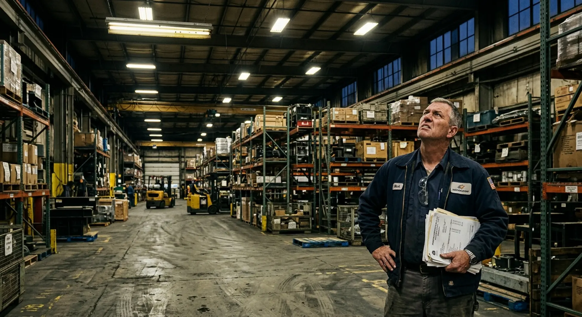 Warehouse worker inspecting shelves with documents.