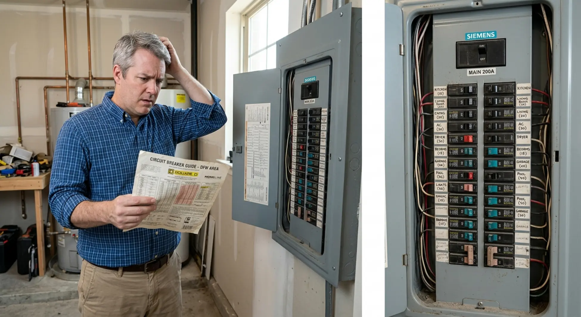 Homeowner examining open electrical panel with circuit breaker size chart in hand