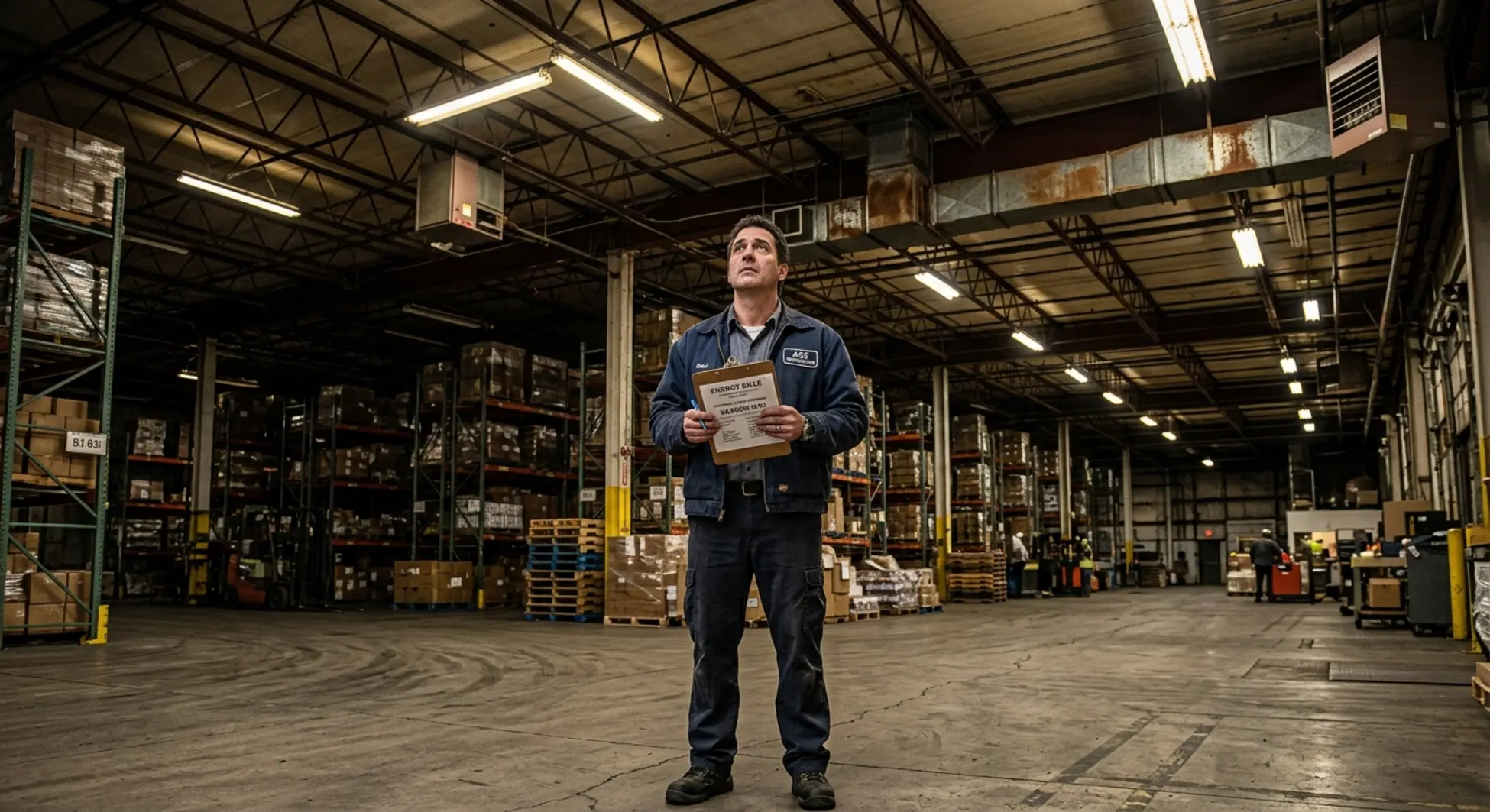 Warehouse manager reviewing energy costs under outdated fluorescent lighting in DFW warehouse