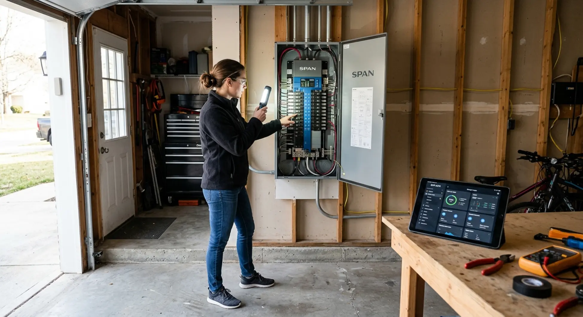 Homeowner examining electrical panel with SPAN smart panel installation visible in DFW garage
