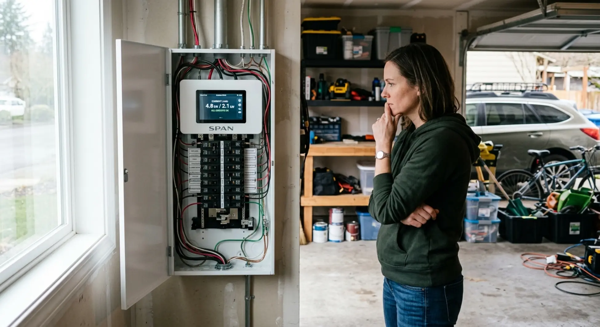 SPAN smart electrical panel installed in home garage with homeowner reviewing the display screen
