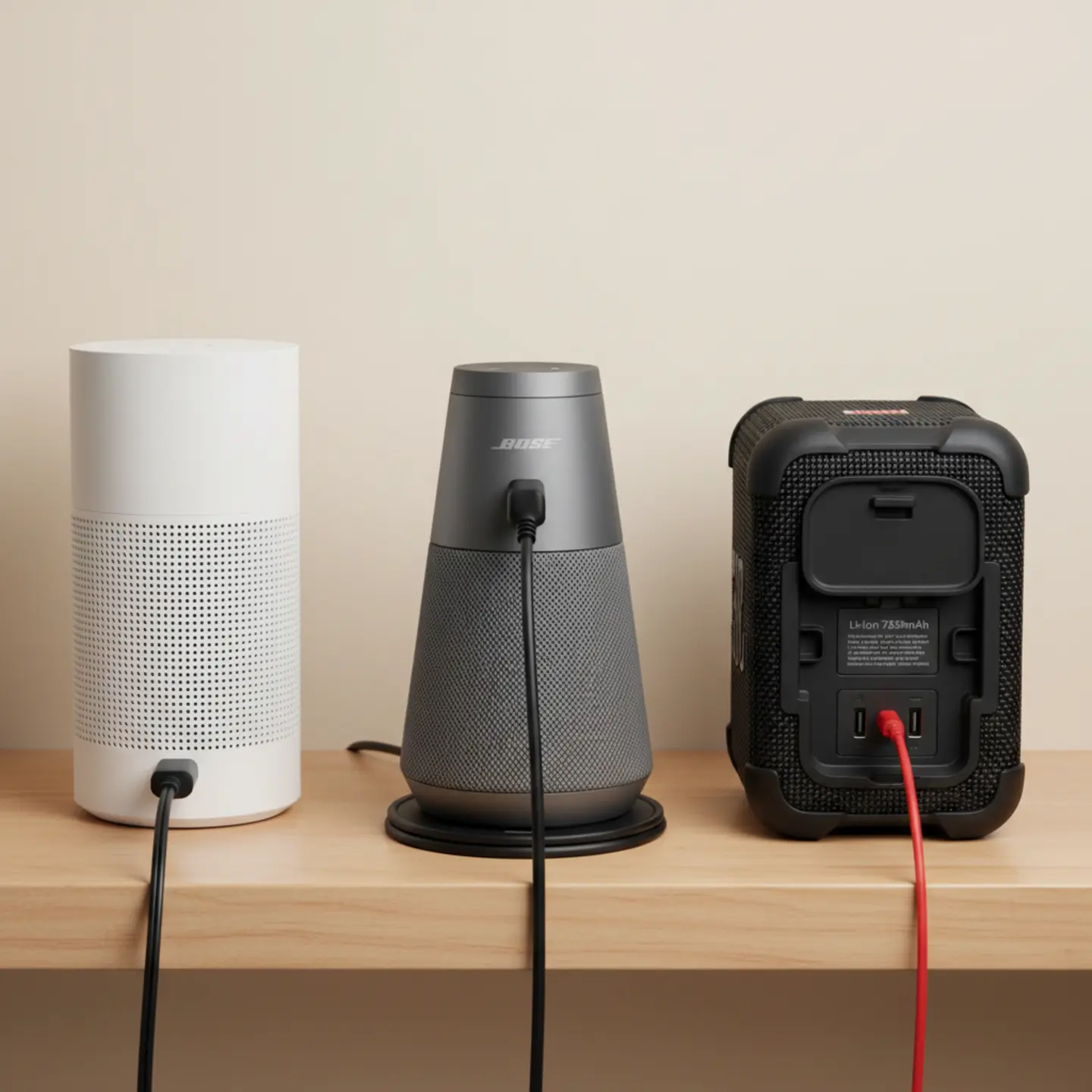 Three wireless speaker models showing different power connection types