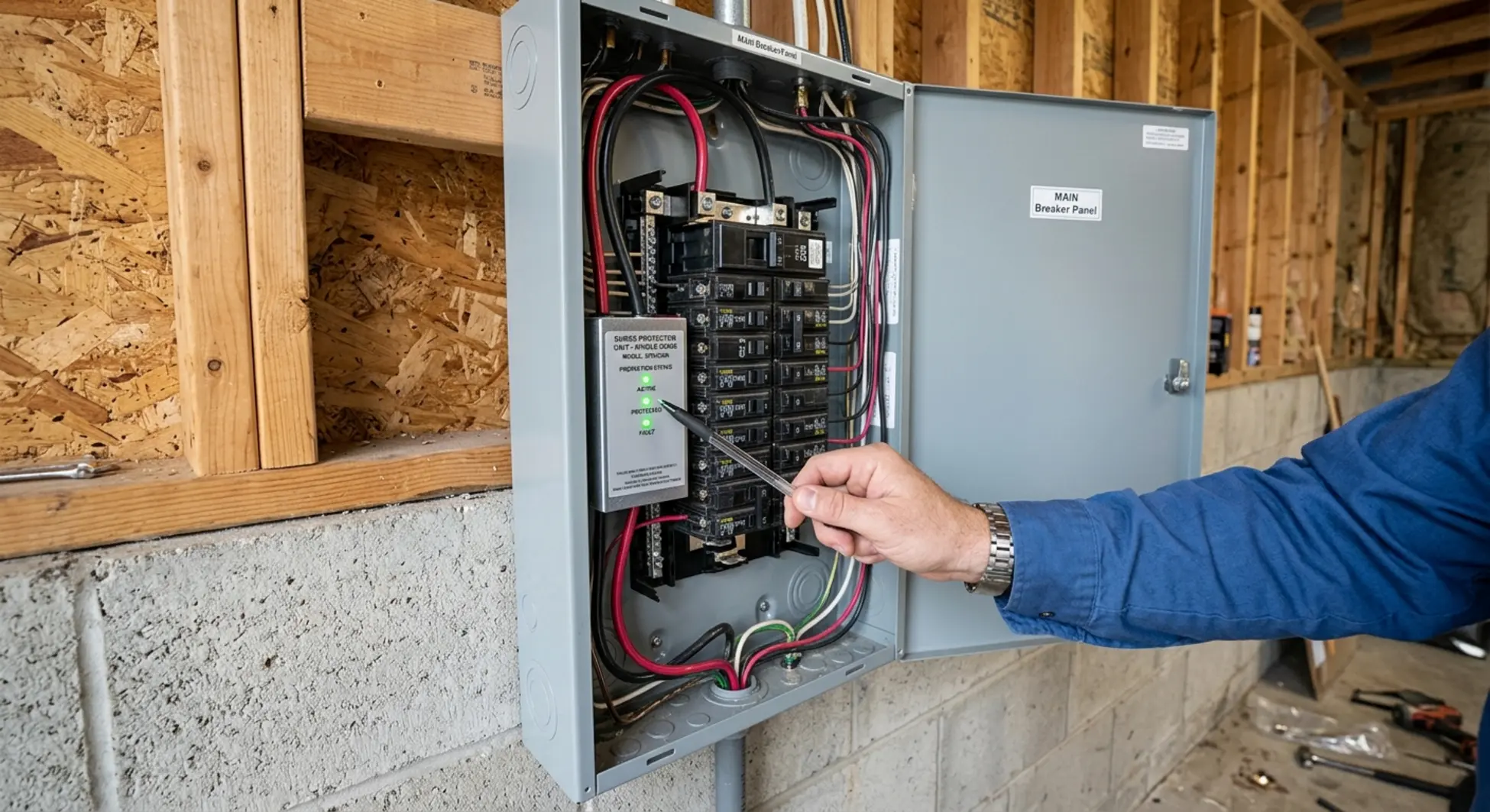 Whole house surge protector installed inside electrical panel with breakers visible