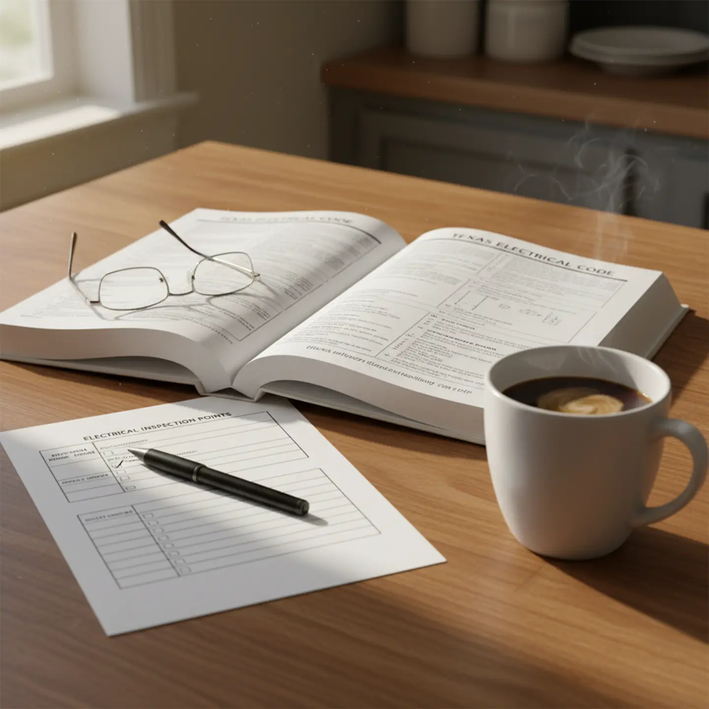 Texas electrical code requirements document with rental property checklist on table