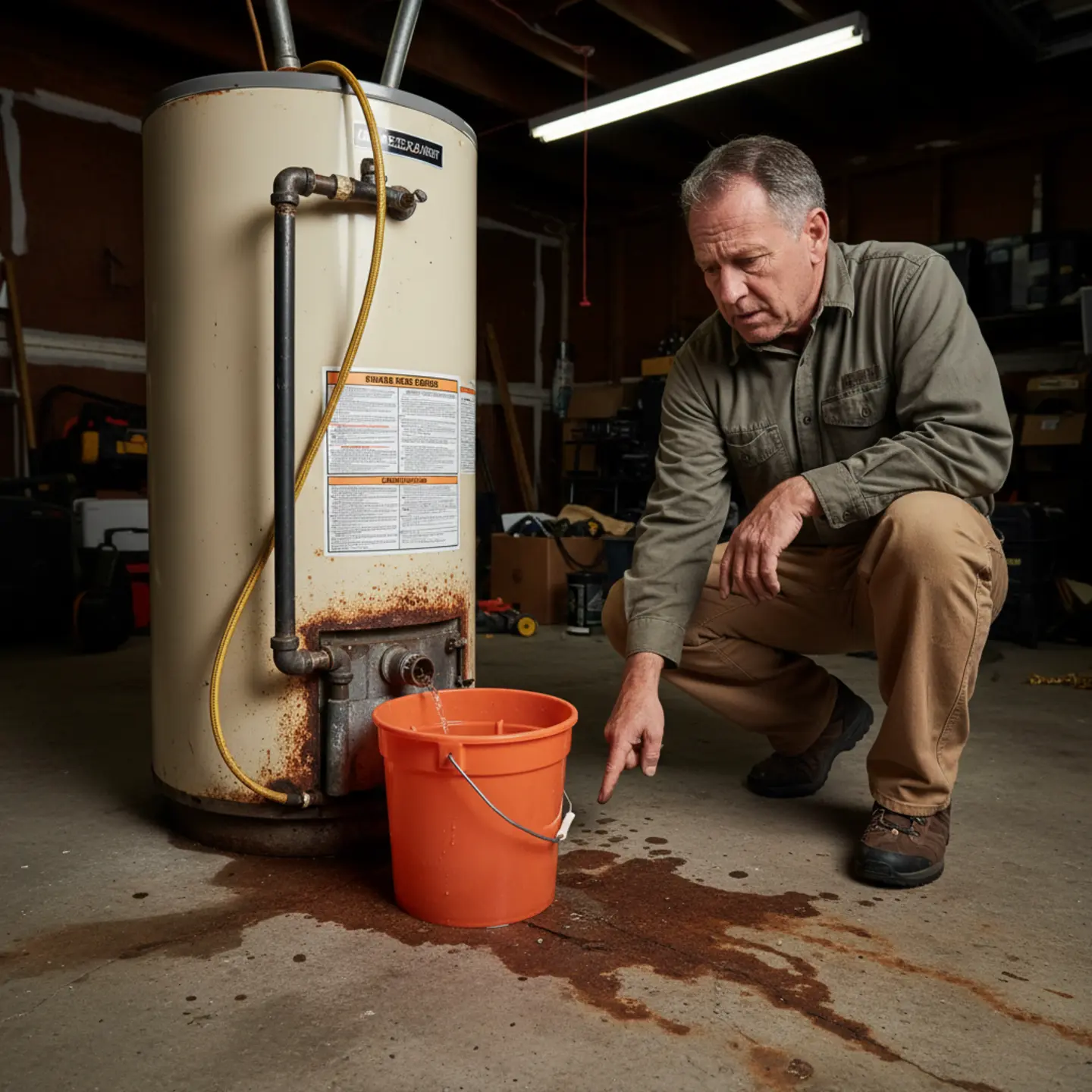 Traditional tank water heater showing age, rust, and maintenance issues in a garage