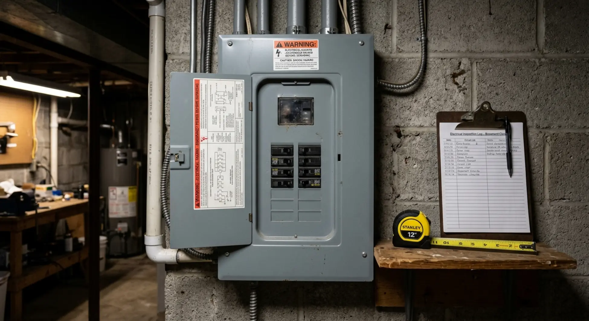 Electrical panel with warning labels in basement utility room