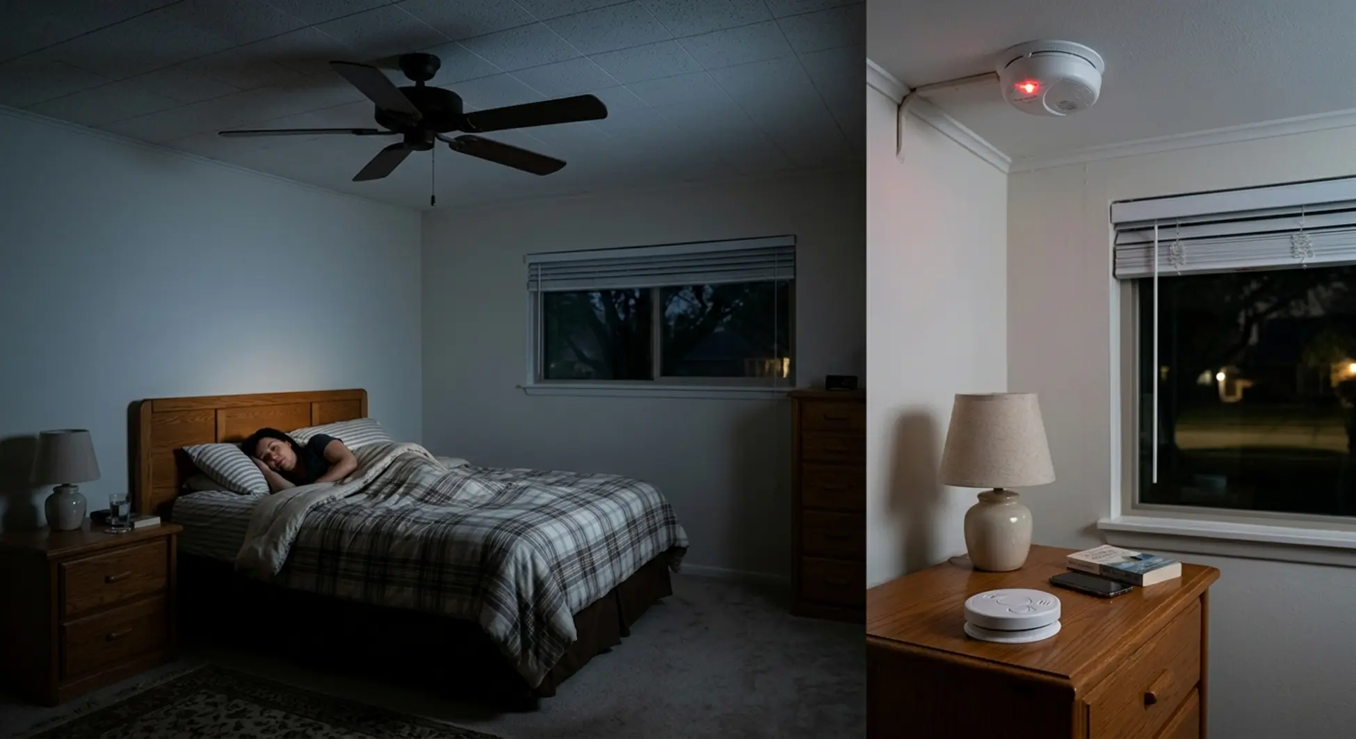 Hardwired smoke detector on bedroom ceiling with battery detector on nightstand in Texas home