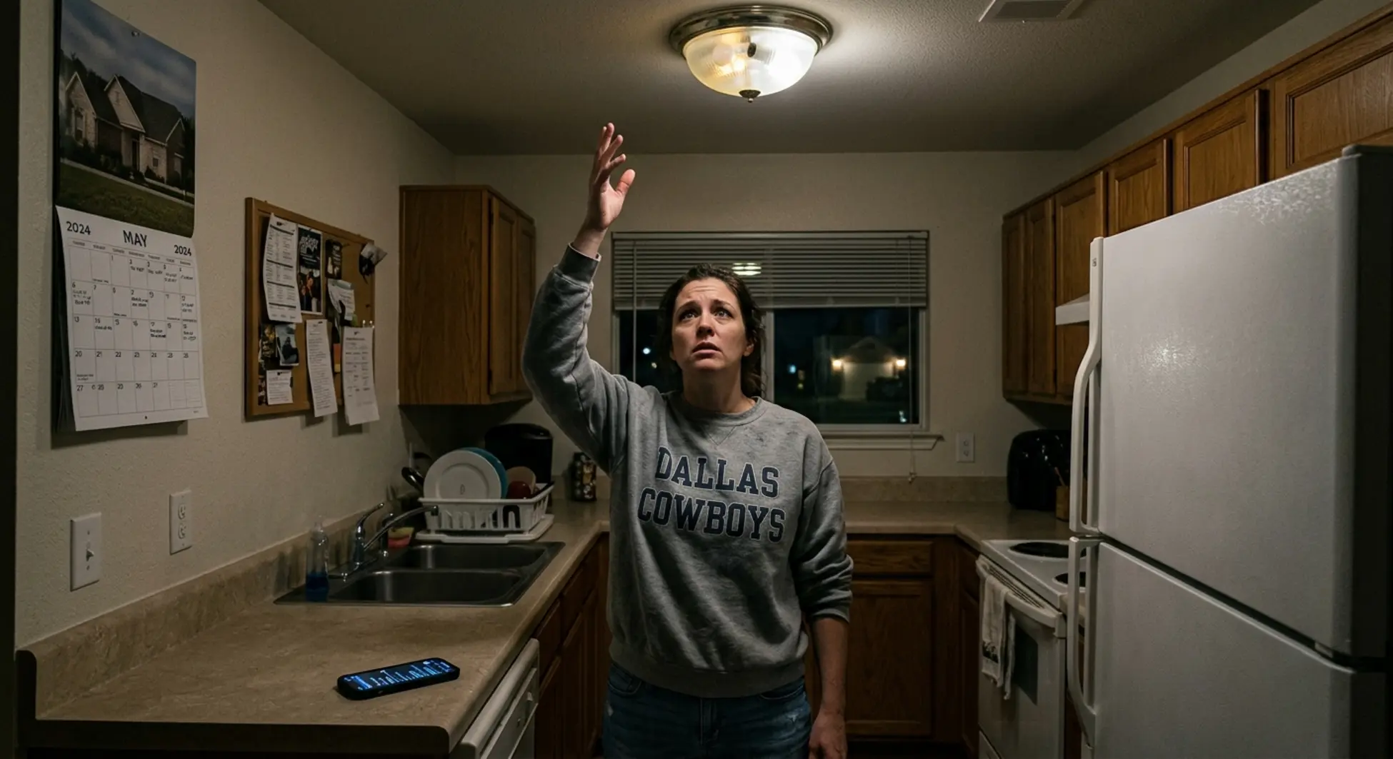 Homeowner looking concerned at flickering kitchen light fixture at night