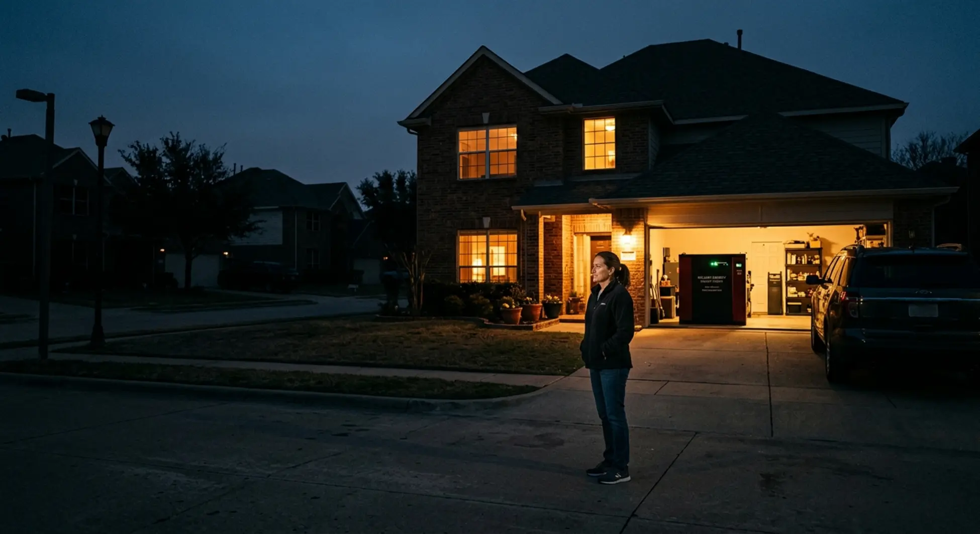 DFW home with backup power lit during neighborhood outage, generator or battery system visible