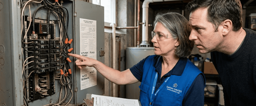 Insurance inspector identifying pigtail hazards requiring CPSC remediation in residential electrical panel