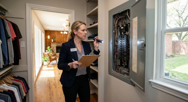 Real estate agent inspecting aluminum wiring in electrical panel of Bedford home