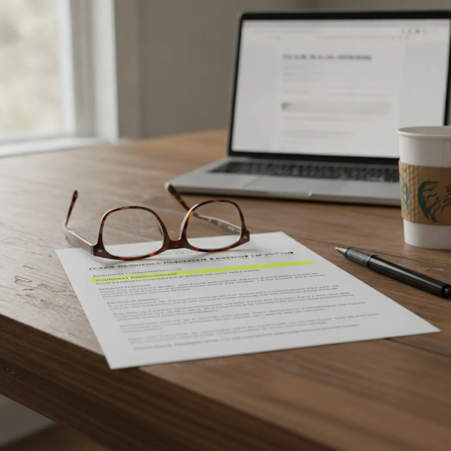 Texas homeowner exemption document highlighted on kitchen table with code reference