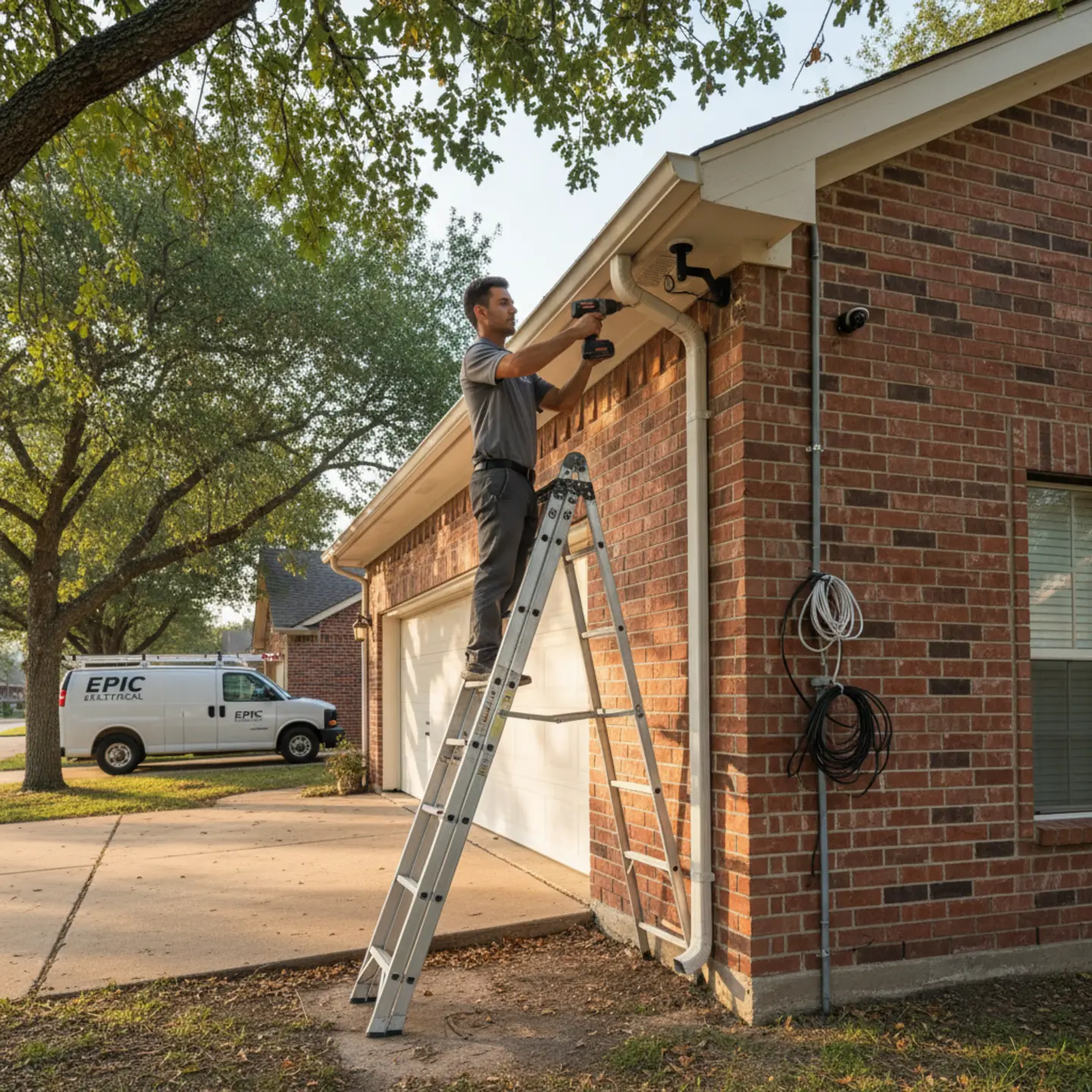Electrician installing wired security camera on brick home exterior in Dallas-Fort Worth
