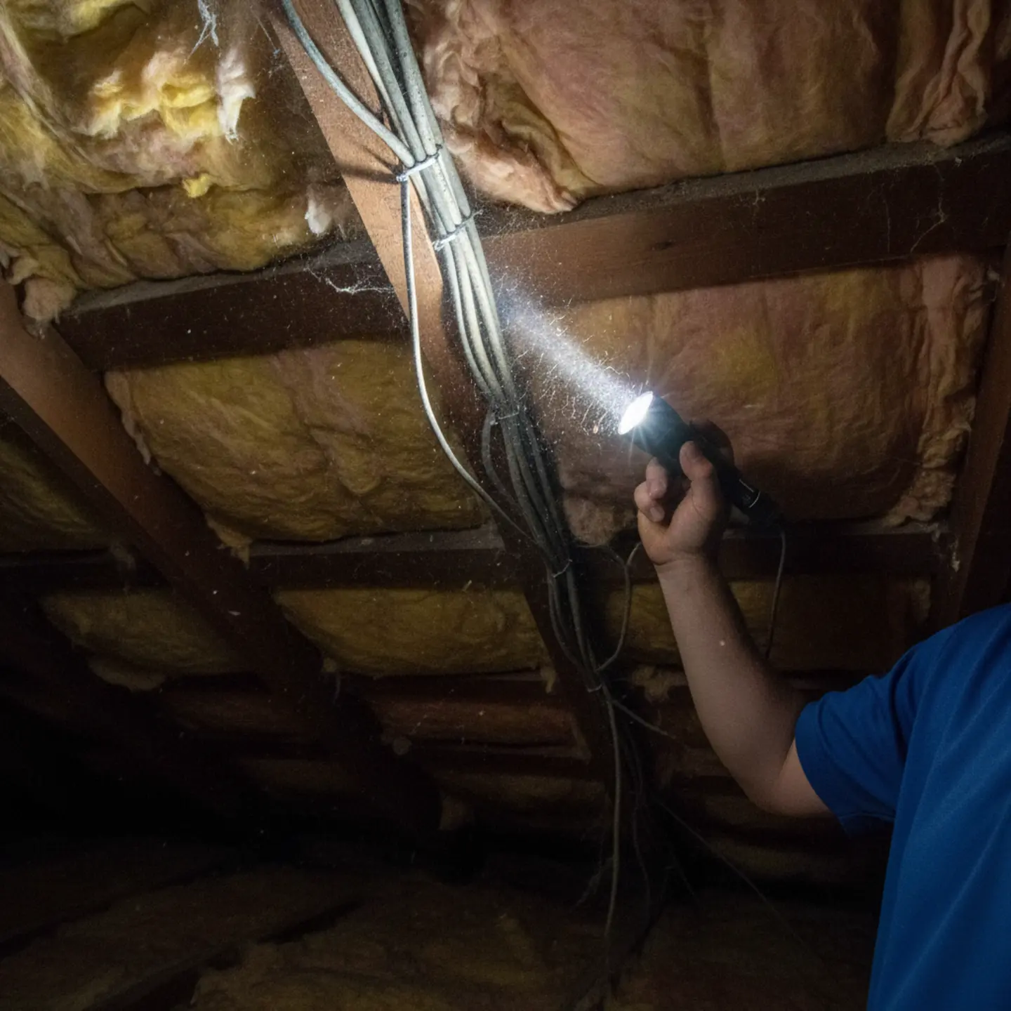 Home inspector examining aluminum branch wiring in attic of Hurst, TX home