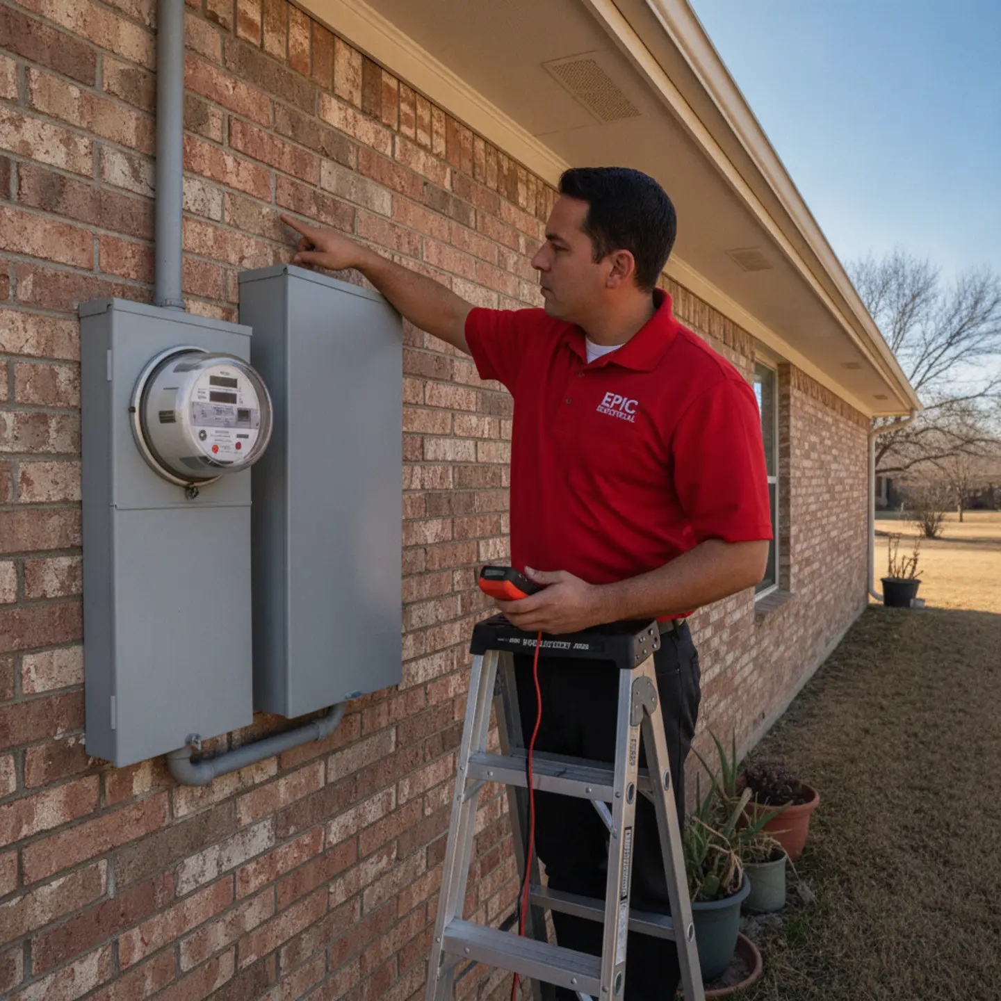 Licensed electrician inspecting main electrical panel with multimeter on Dallas home exterior