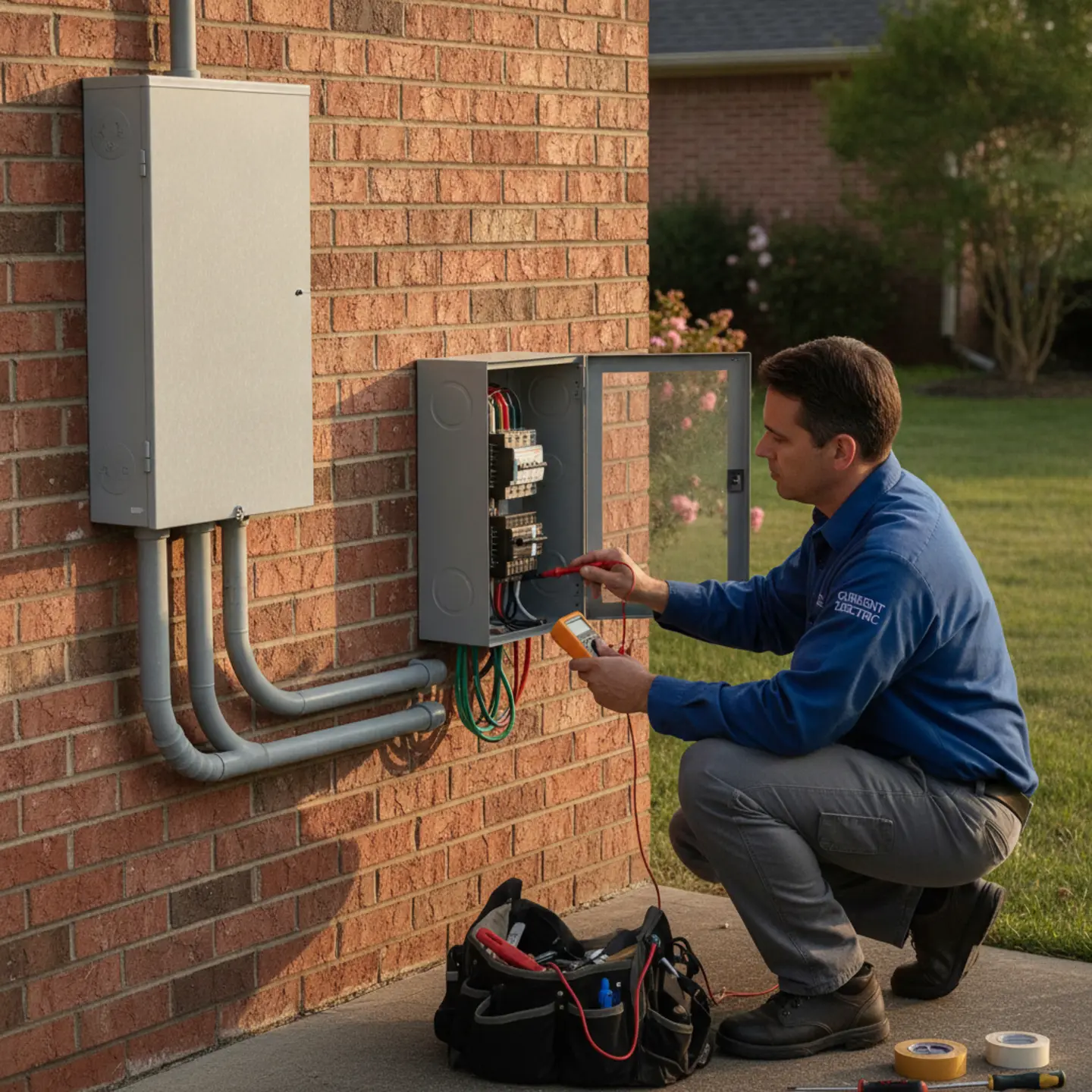 Electrician installing subpanel on home exterior with testing equipment