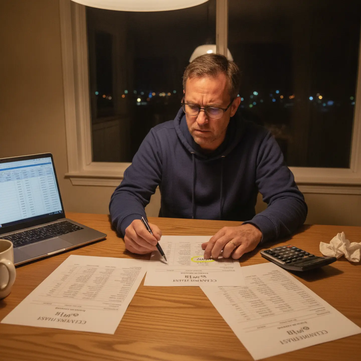 Homeowner reviewing electrical service cost estimates and quotes at kitchen table