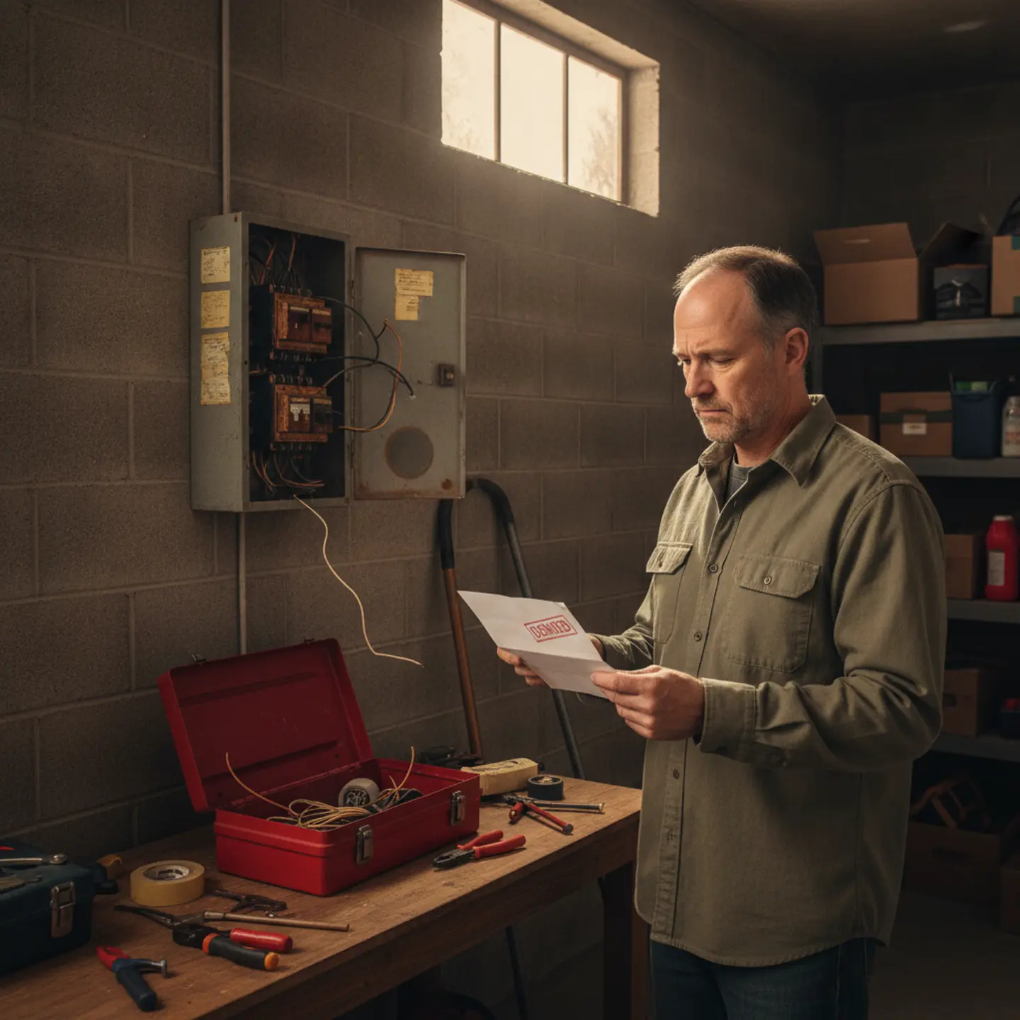 Homeowner holding utility denial letter standing in front of outdated electrical panel in garage
