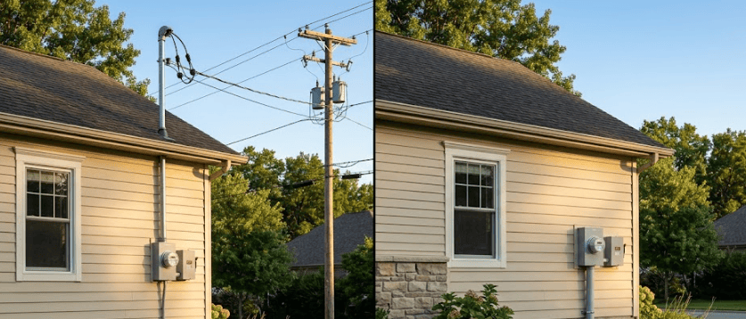 Underground vs overhead electrical service comparison on residential home exterior