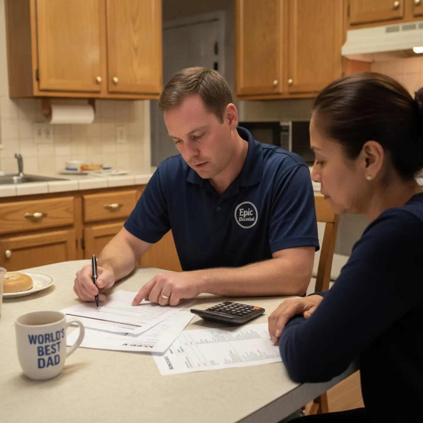 Electrician explaining itemized panel replacement cost estimate to homeowner