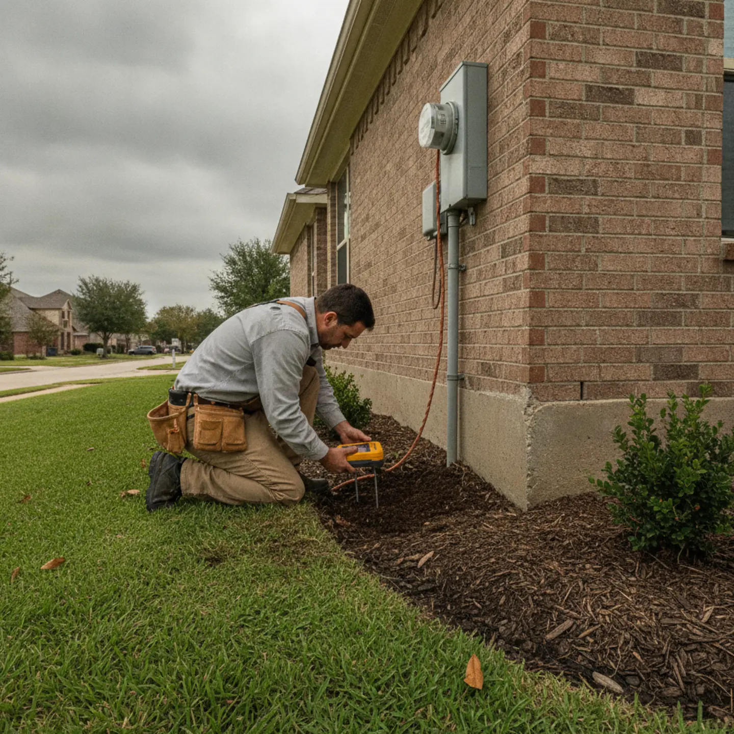 Electrician testing grounding system at foundation to diagnose energy efficiency problems
