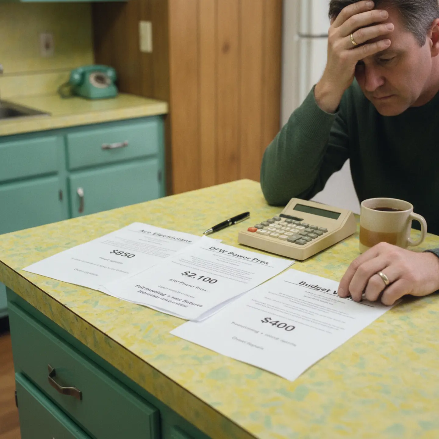 Homeowner comparing multiple electrical panel replacement quotes at kitchen table