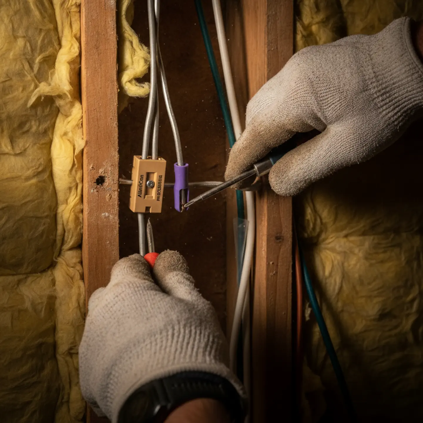 Electrician comparing AlumiConn and purple wire nut connectors on aluminum wiring