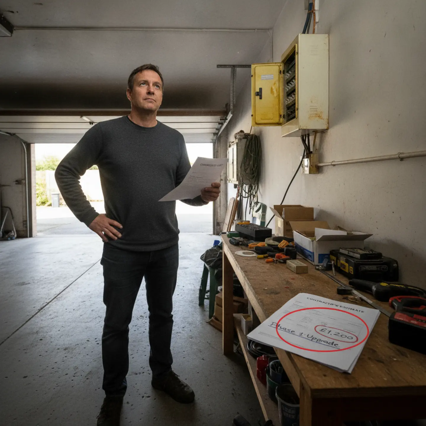 Homeowner reviewing electrical panel replacement quotes in garage with old panel visible