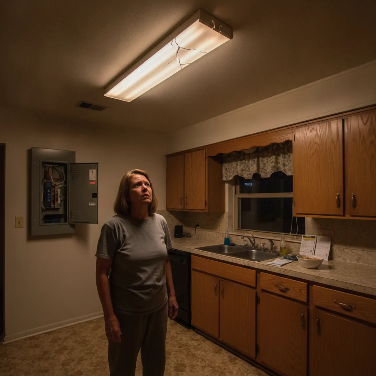 Homeowner concerned about flickering ceiling light in kitchen during emergency electrical repair situation