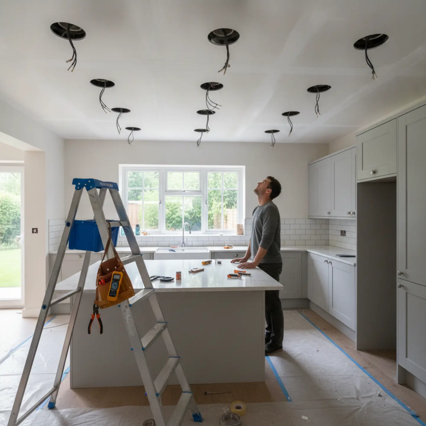 Homeowner inspecting recessed lighting installation in kitchen with partially installed fixtures